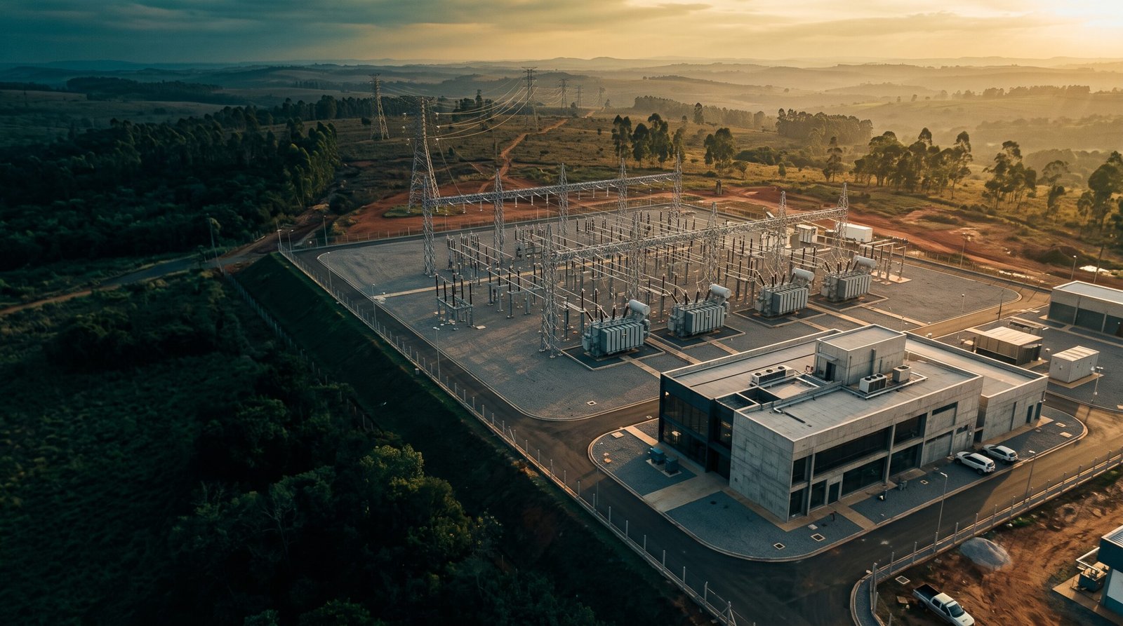 Ilustração de um data center próximo a uma subestação e a linhas de transmissão ao entardecer.