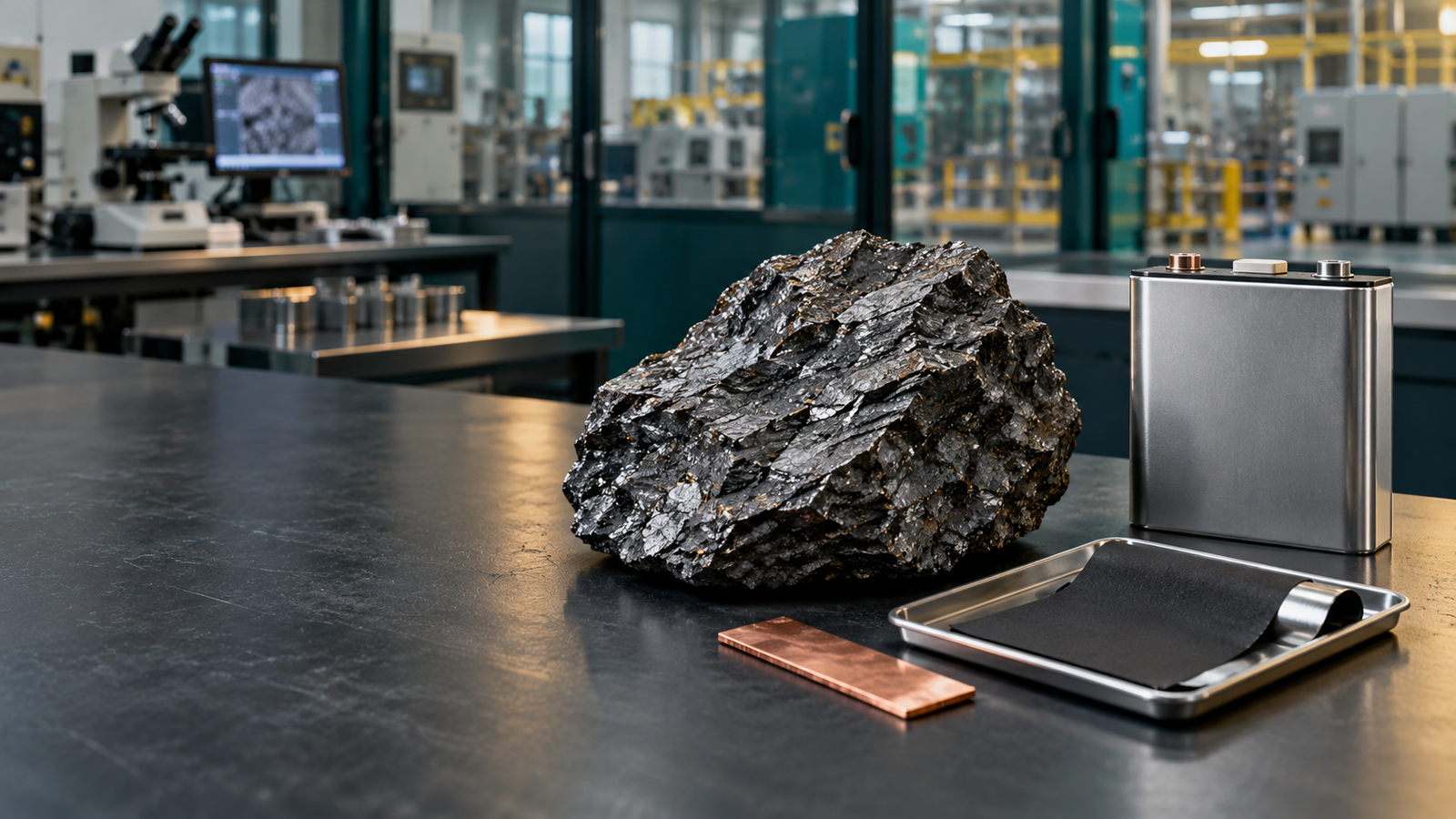 Composição ilustrativa com amostra mineral e componentes de baterias em ambiente industrial.